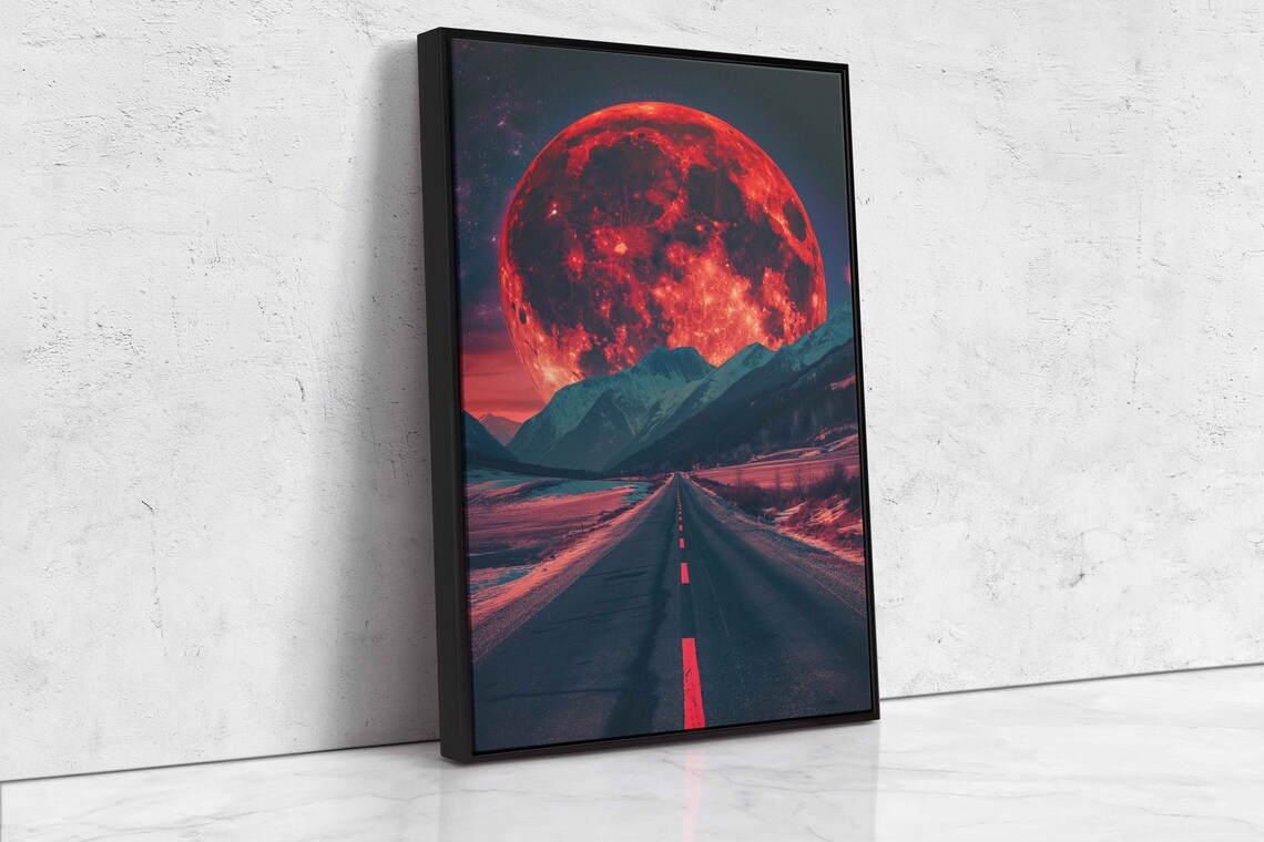 Giant Red Moon Over Mountain Range On The Horizon Wall Art Print Lonely Desert Road Ready To Hang - Image 4
