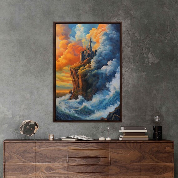 Castle On Cliff Over Stormy Sea Sunset Fantasy Oil Painting Art Poster
