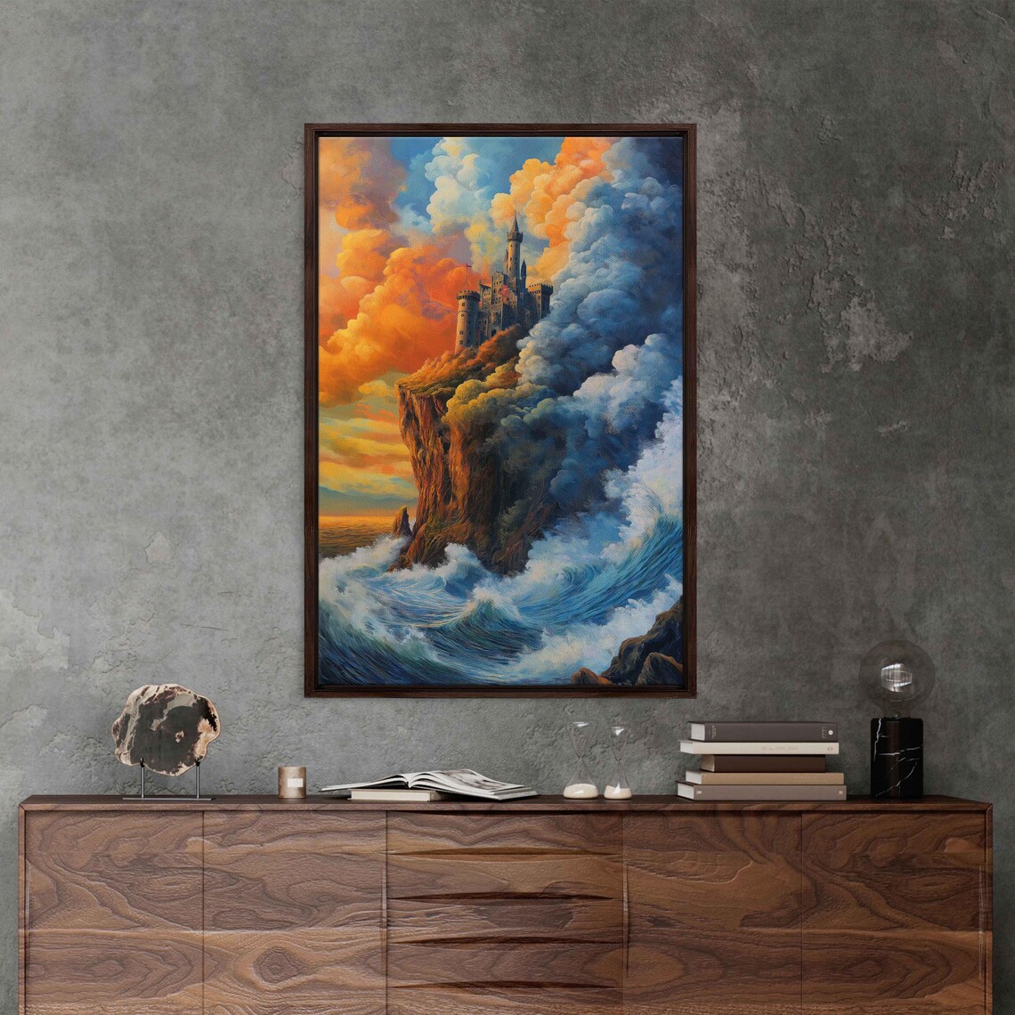 Castle On Cliff Over Stormy Sea Sunset Fantasy Oil Painting Art Poster