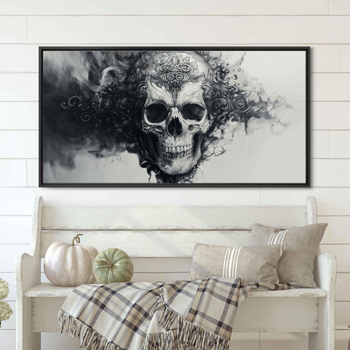 Ornate Skull Dissolving Into Smoke And Filigree Monochrome Gothic Art Poster