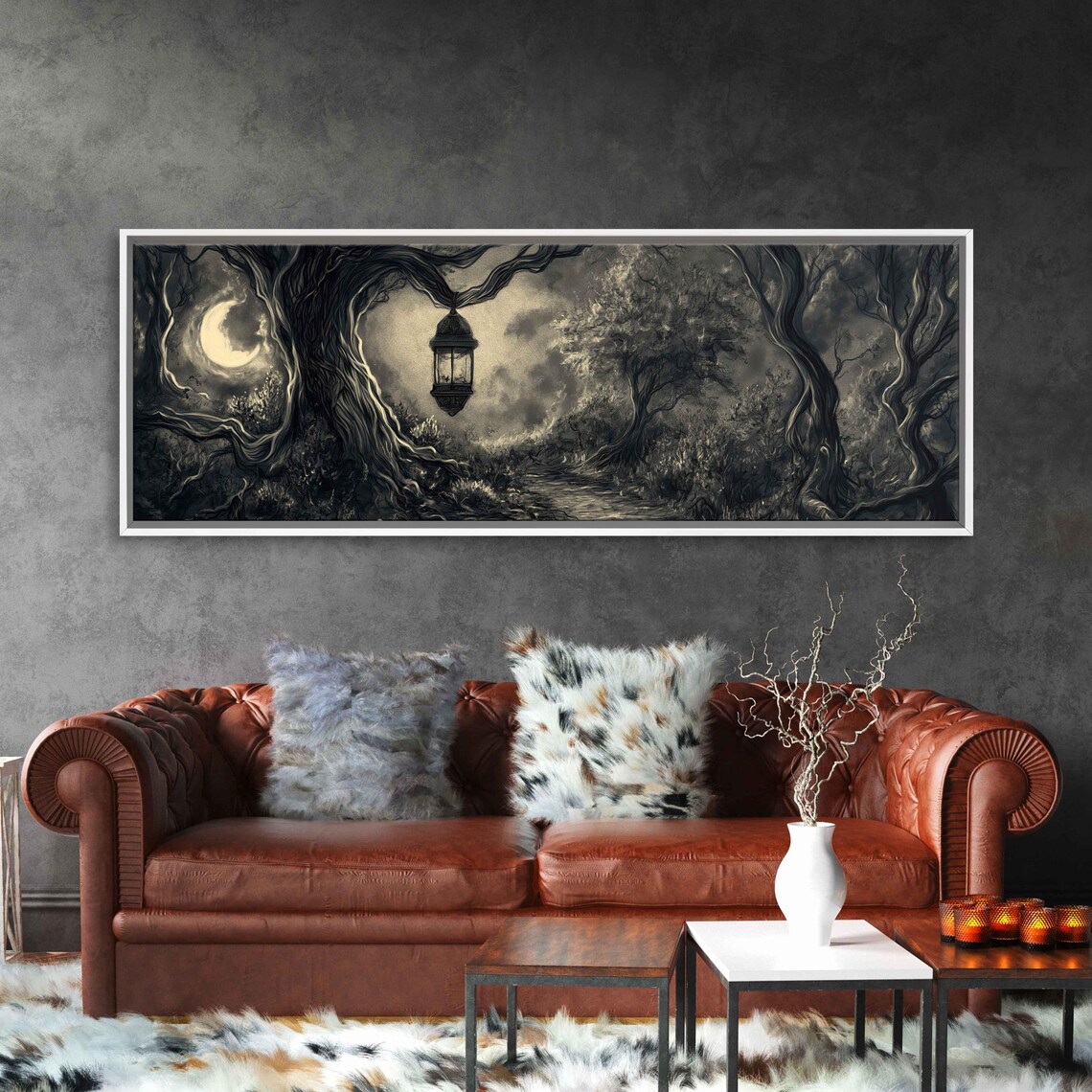Hanging Lantern Over Moonlit Twisted Tree Path Night Ink Halloween Poster