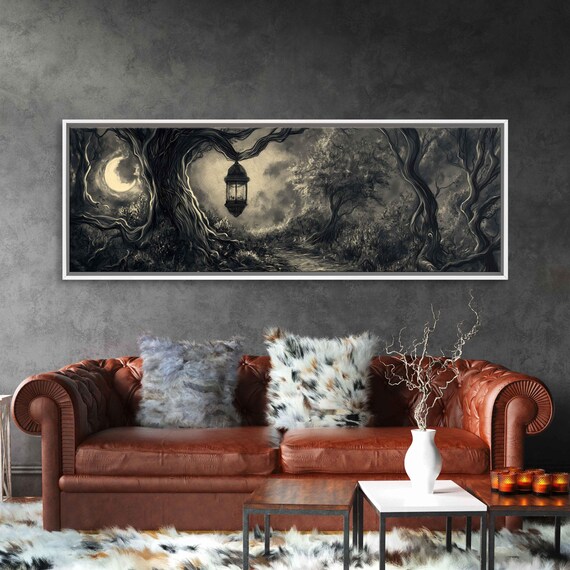 Hanging Lantern Over Moonlit Twisted Tree Path Night Ink Halloween Poster