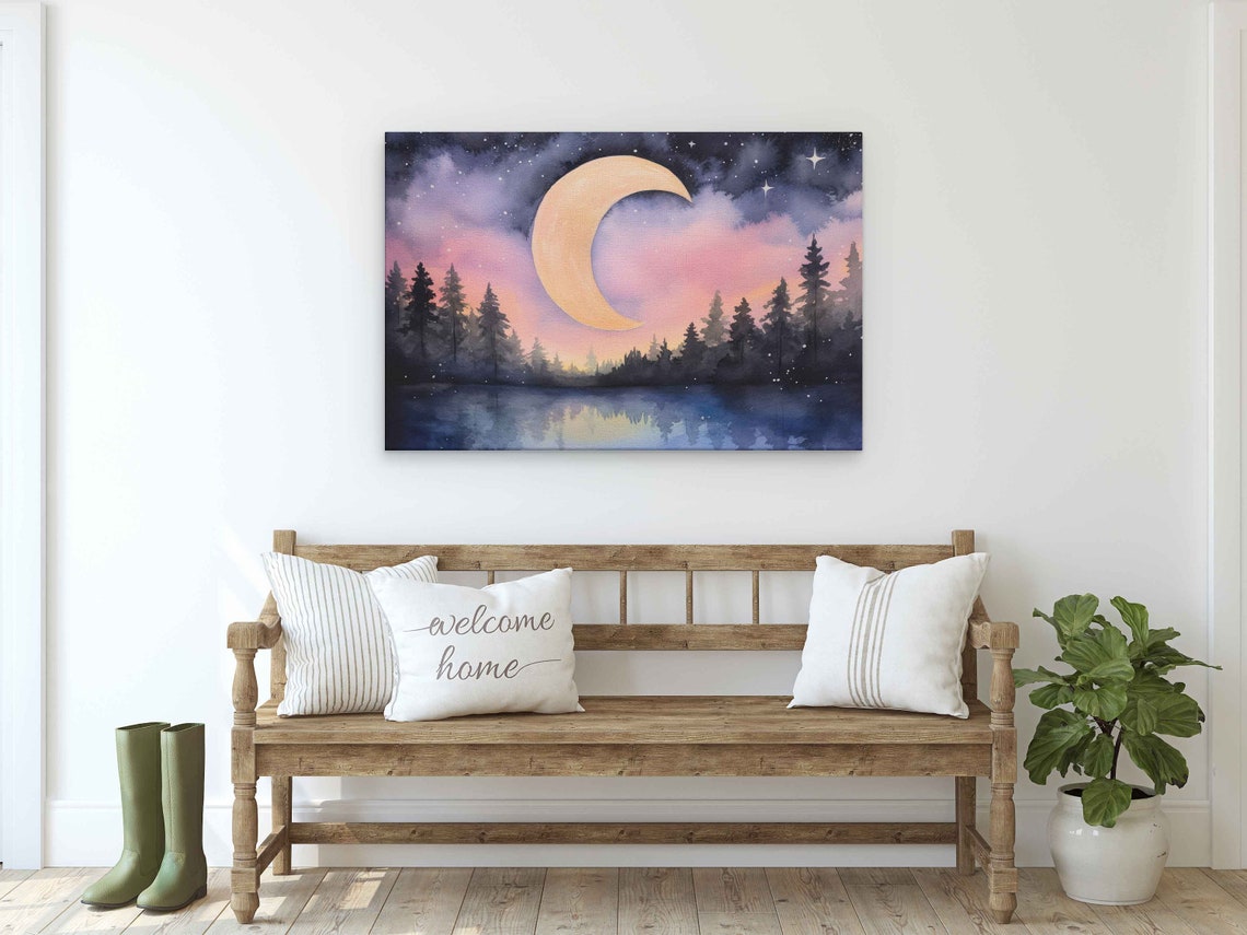 Watercolor Serene Night Sky Moon Print On Ready To Hang - Image 2