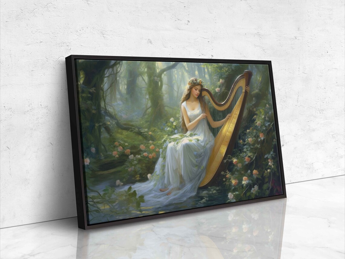 Enchanted Forest Harp Player Woman White Dress Floral Nature Print - Image 4