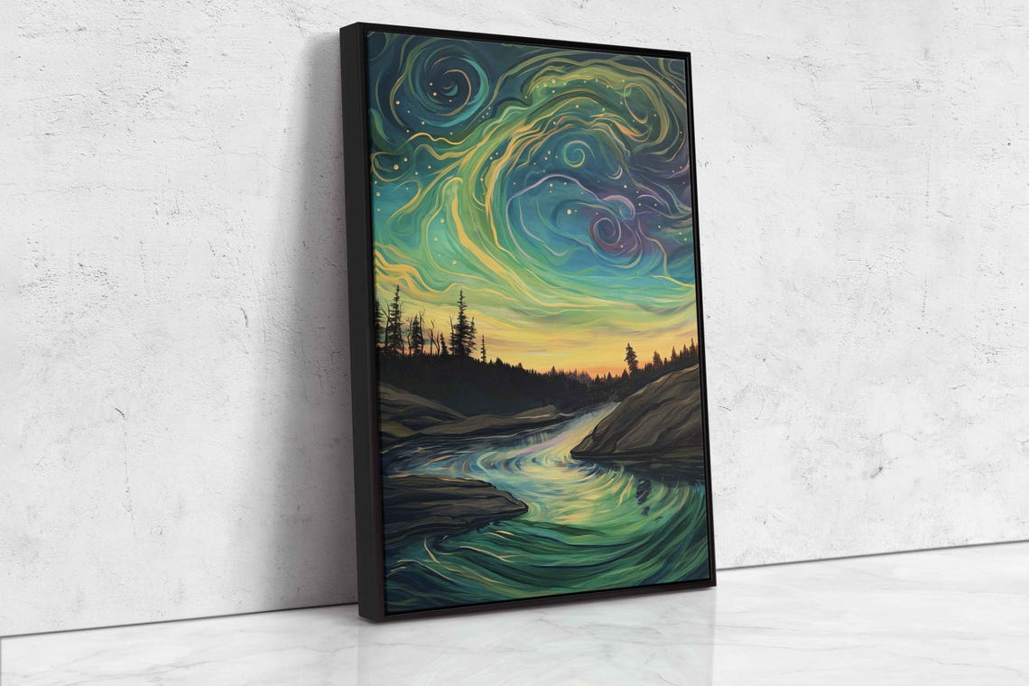 Swirling Northern Lights Over Winding River And Pine Forest Poster - Image 4