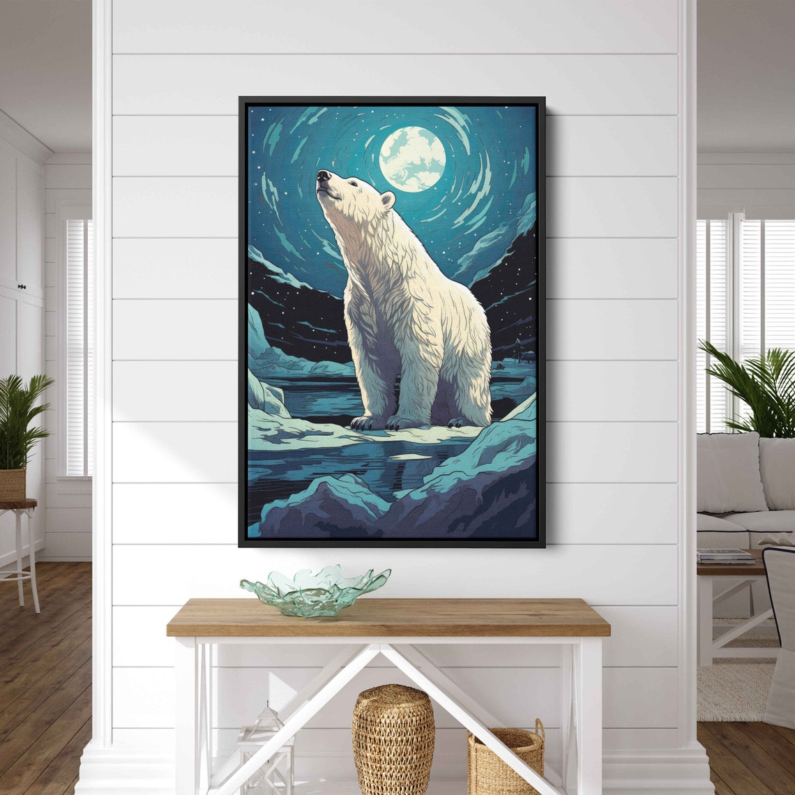 Polar Bear Gazing Full Moon Ice Floe Starry Night Vector Art Print - Image 3