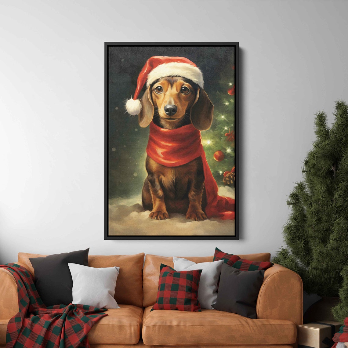 Cute Dachshund in Santa Hat Red Cape Snowy Christmas Day Poster