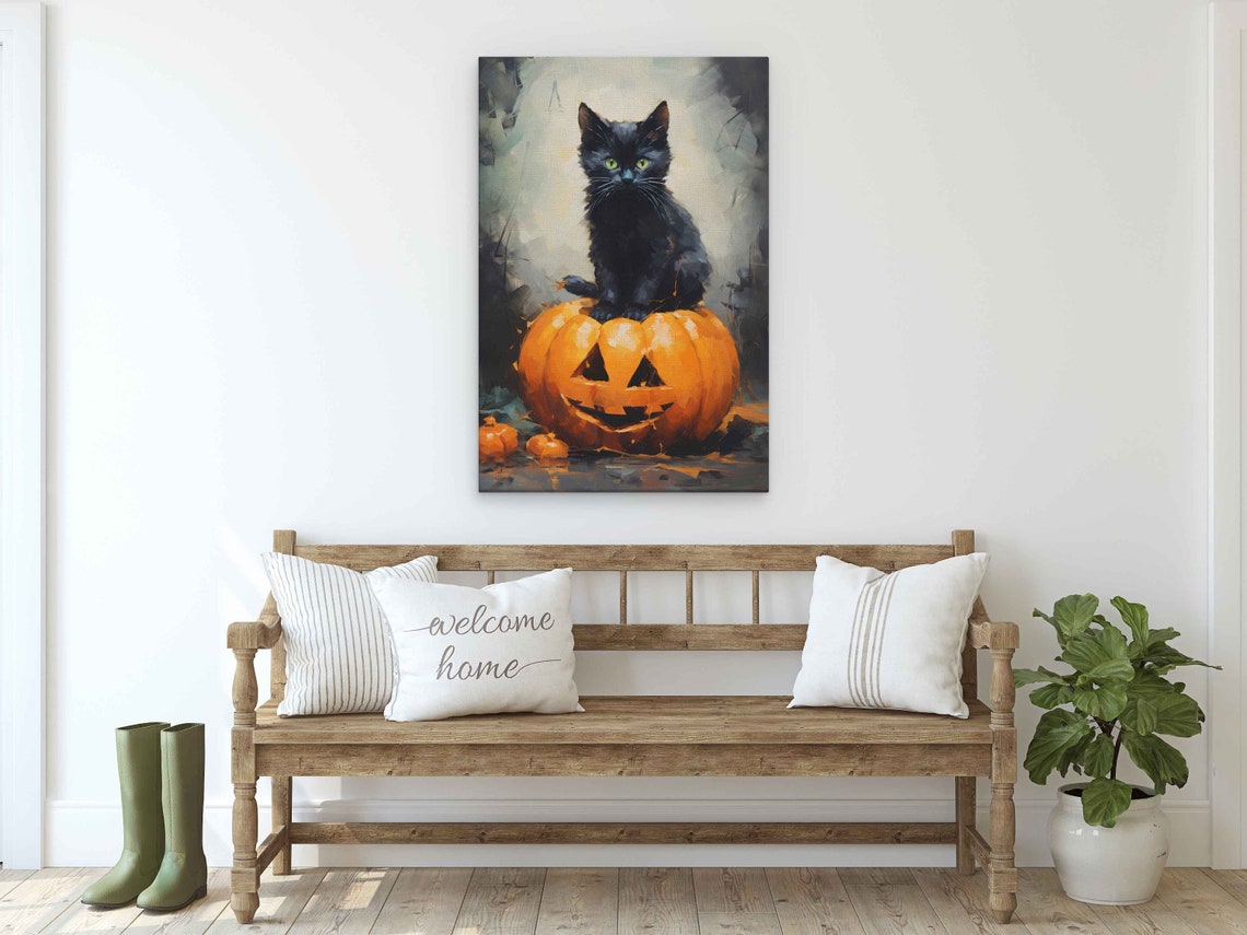 Black Cat On Jack O Lantern Halloween Pumpkin Painterly Cat Print - Image 2