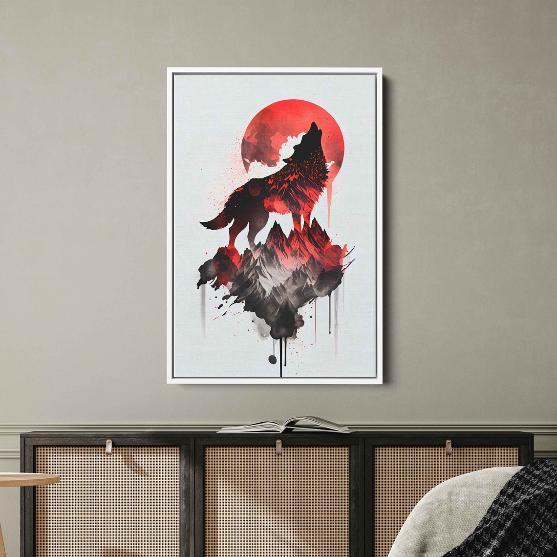 Howling Wolf Red Moon Mountains Red Black Ink Splash Art Animal Poster - Image 3
