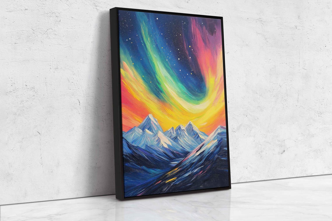 Rainbow Aurora Swirling Over Snow Capped Mountain Peaks Poster - Image 4