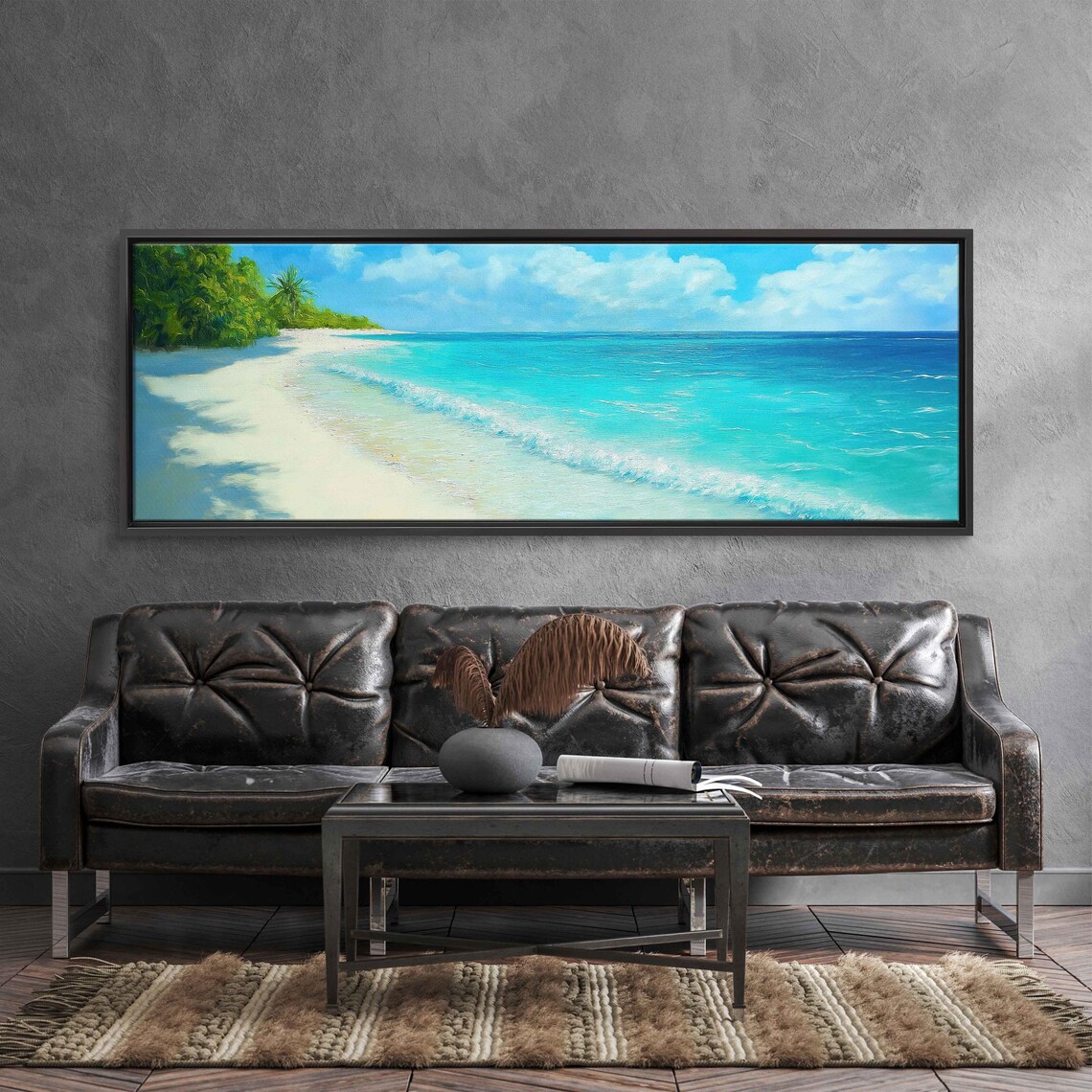 Tropical Paradise Beach Panoramic Painting Turquoise Water White Sand Palm Trees Poster - Image 3