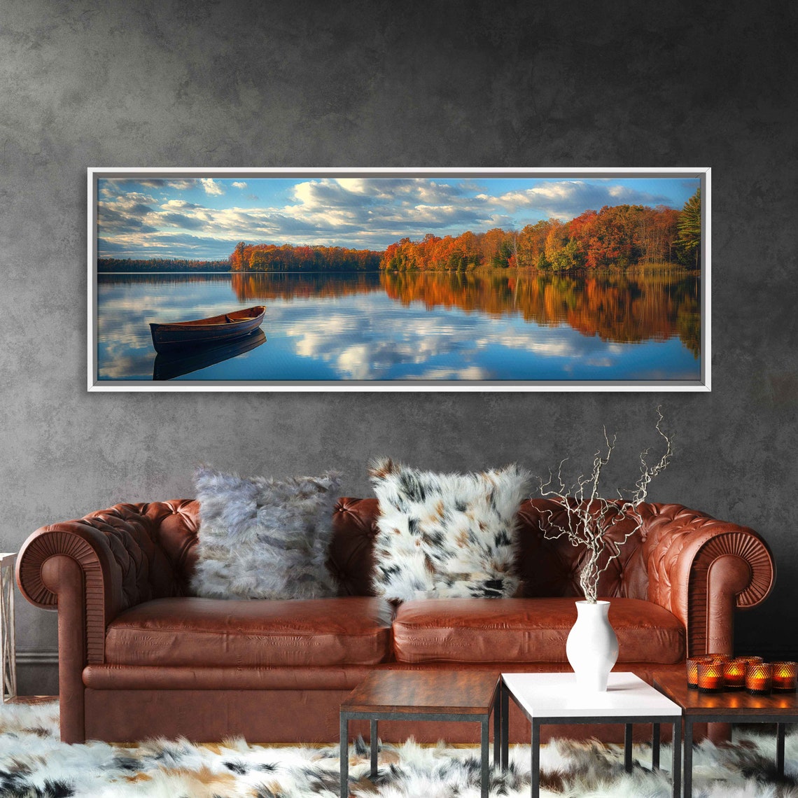 Canoe On Calm Autumn Lake With Mirror Reflections Nature Poster - Image 3
