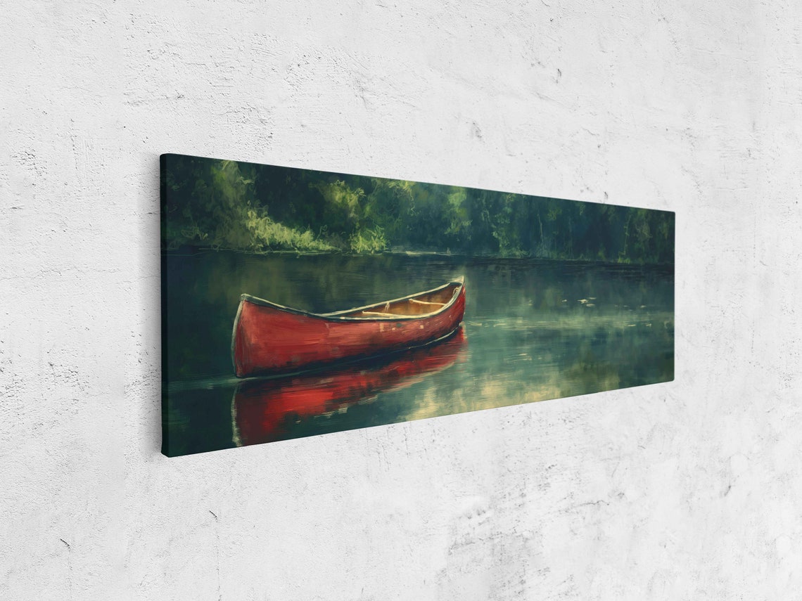 Red Canoe Still Lake Dark Green Forest Reflection Moody Nature Poster - Image 4