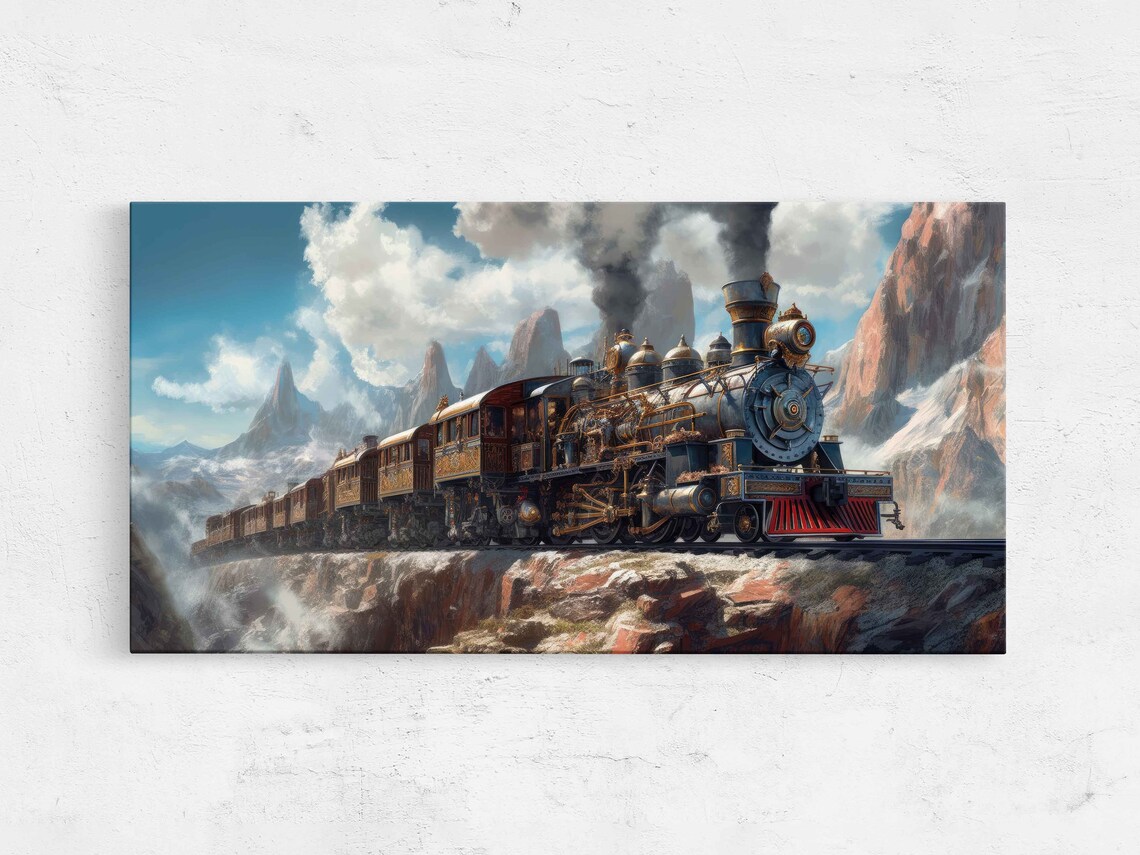 Steampunk Train In The Mountains Framed Print Ready To Hang Wall Art Office Decor Man Cave Art
