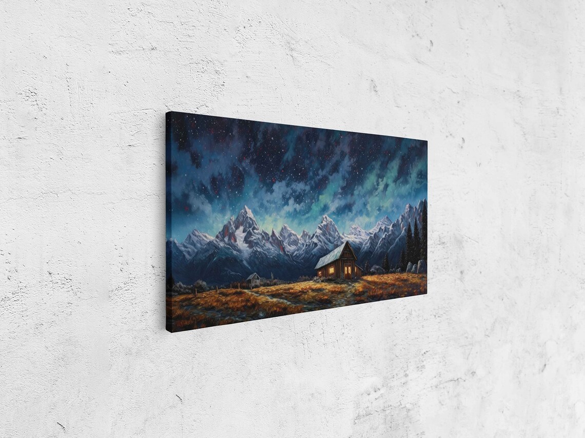 Log Cabin Under Aurora Night Sky Snowy Mountain Peaks Art Poster - Image 4