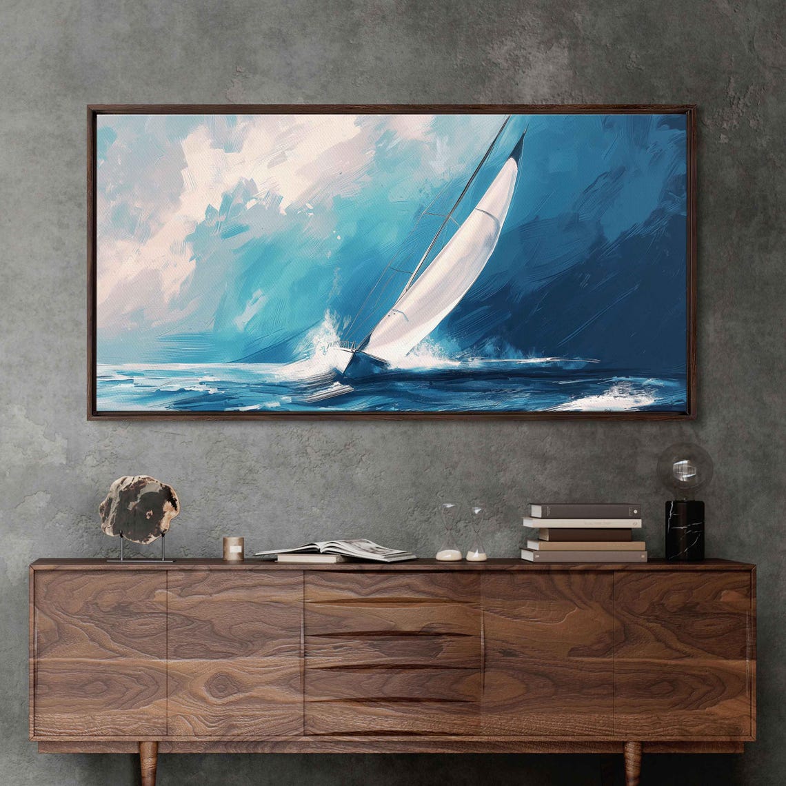 Sailboat Heeling Through Blue Waves Dynamic Watercolor Poster