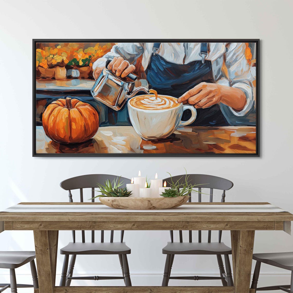 Barista Pouring Latte Art With Pumpkin On Cozy Cafe Table Print - Image 3