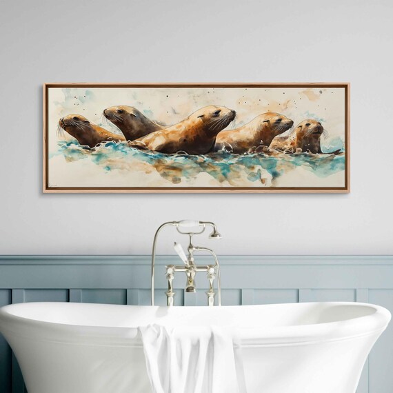 Sea Lion Family Turquoise Ocean Waves Watercolor Panoramic Art Print