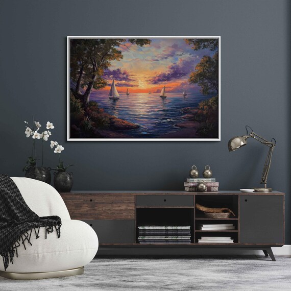 Sailboats Gliding Sunset Water Violet Orange Sky Tree Lined Shore Scene Travel Poster