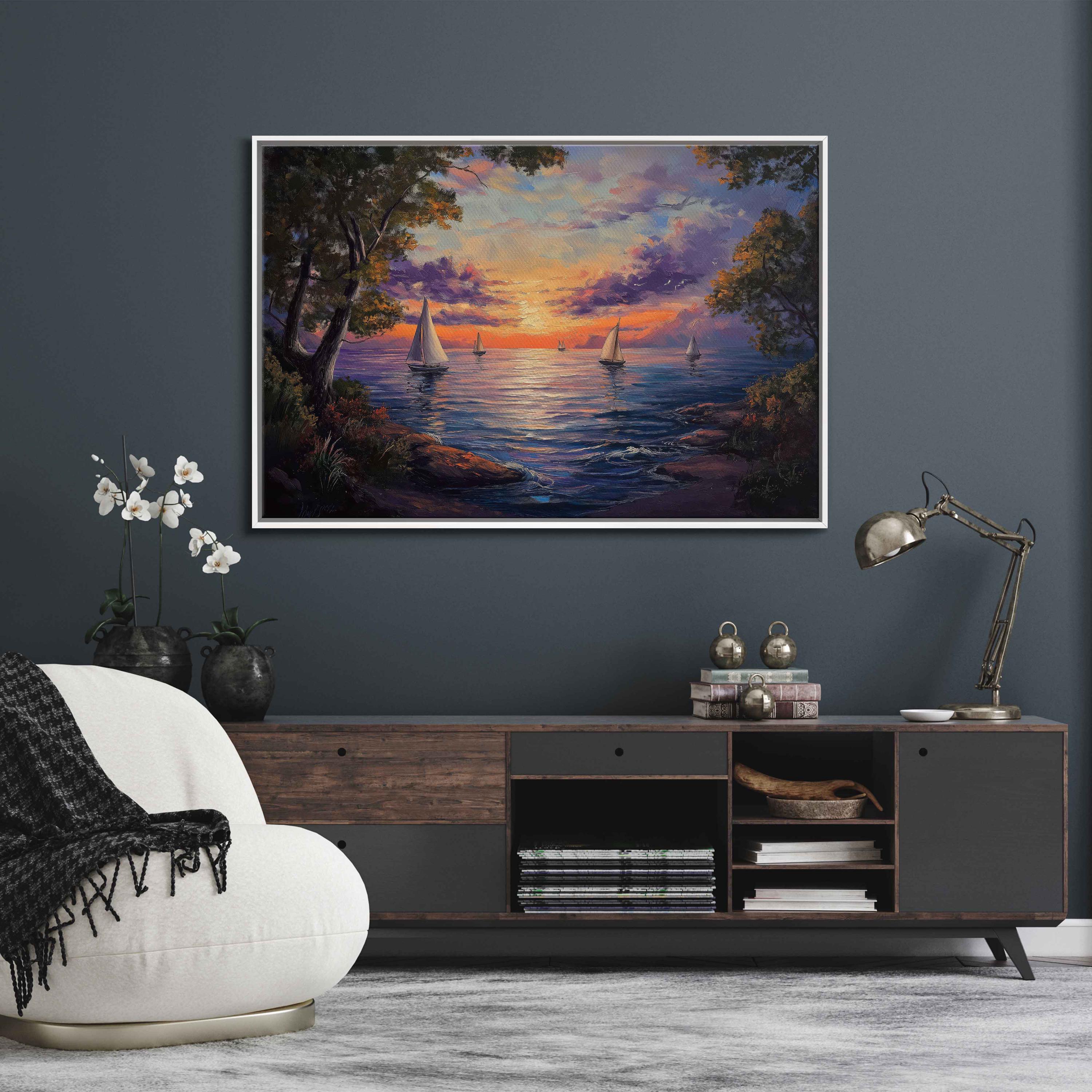 Sailboats Gliding Sunset Water Violet Orange Sky Tree Lined Shore Scene Travel Poster
