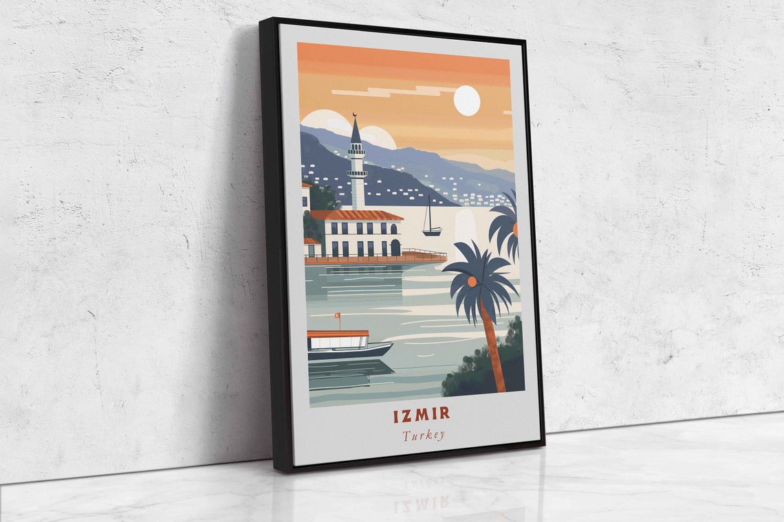 Izmir Turkey Waterfront Mosque Minaret Sunset Bay Travel Poster - Image 2