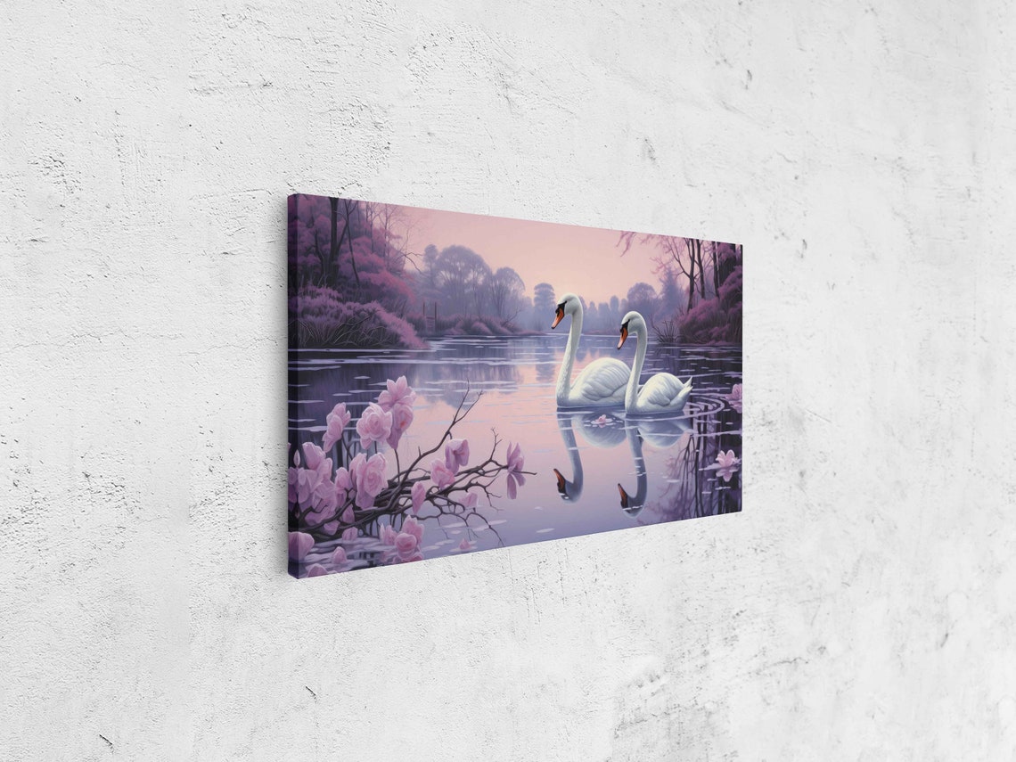 Two White Swans Pink Blossom Pond Purple Mist Romantic Art Poster - Image 4