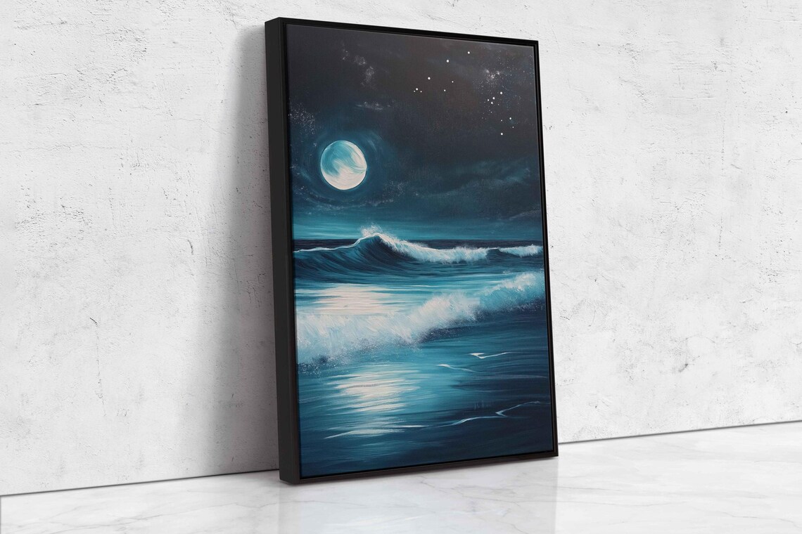 Full Moon Over Moonlit Ocean Waves Under Starry Night Sky Seascape Art Poster - Image 4
