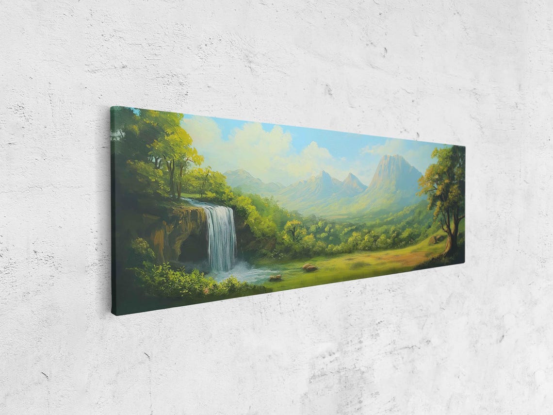 Sunlit Spring Meadow With Waterfall And Lush Green Foliage Oil Wall Art Print Mountain Valley Gift For Her Ready To Hang - Image 4