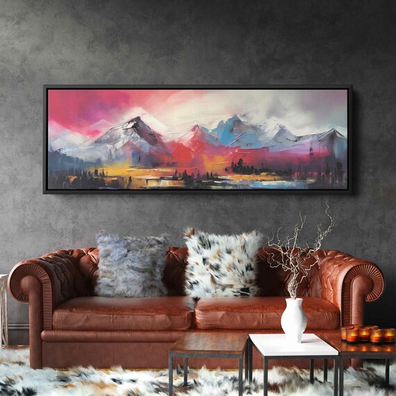 Panoramic Colorful Mountain Landscape Oil Painting Textured Palette Knife Framed Print Ready To Hang Pastel Colors
