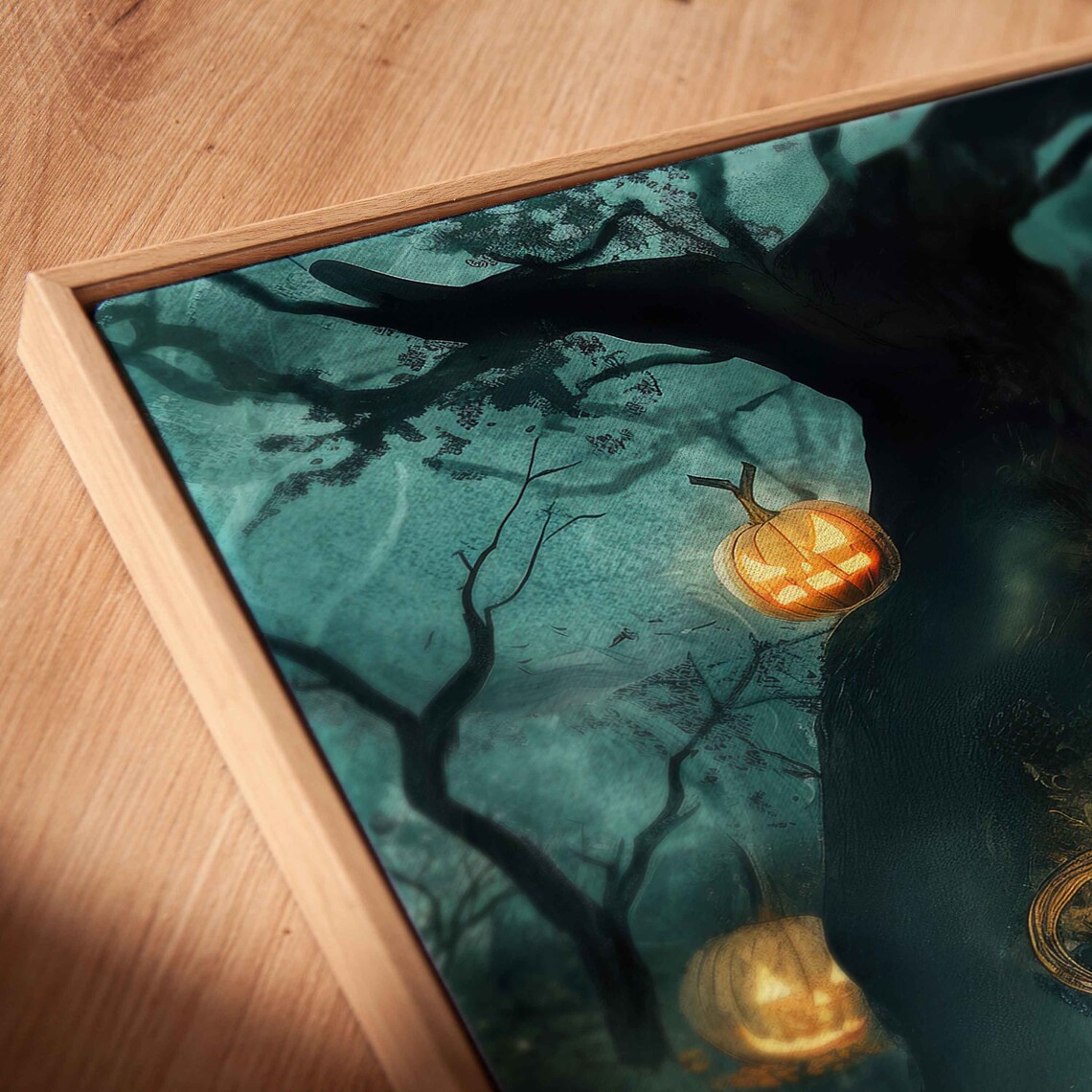 Moonlit Forest Path Glowing Jack O Lanterns Foggy Night Halloween Print - Image 2
