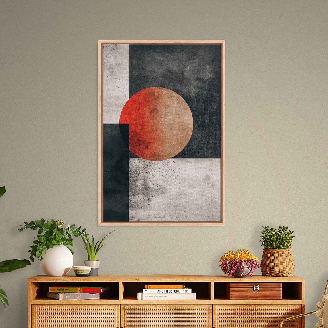 Red Sun Abstract Geometric Black White Blocks Modern Art Poster - Image 3