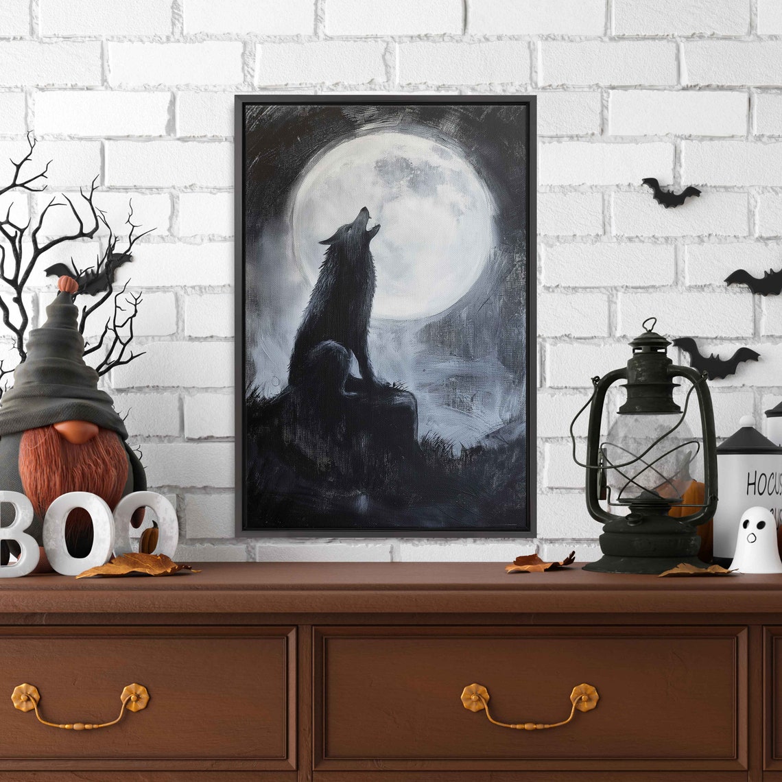Wolf Howling At Full Moon Black And White Acrylic Painting Poster