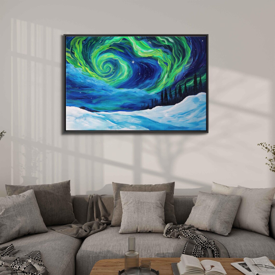 Emerald Green Aurora Swirl Over Snowy Pine Hillside Winter Night Sky Poster - Image 3