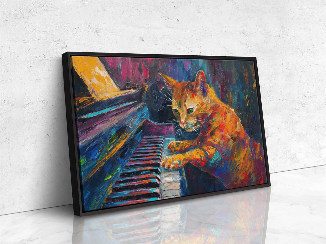 Colorful Tabby Cat Piano Player Abstract Music Room Fun Pet Art Poster - Image 4