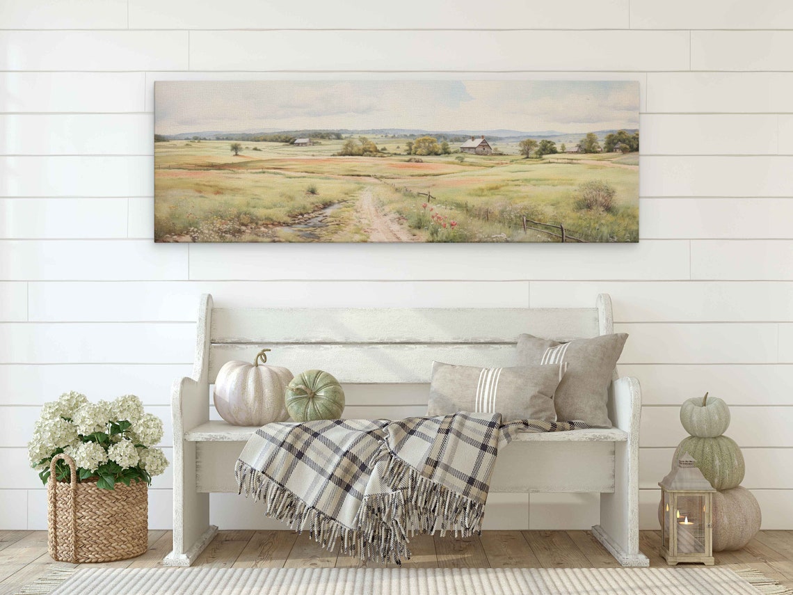 Rustic Countryside Landscape Acrylic Panoramic Painting Reproduction Print On Ready To Hang - Image 2