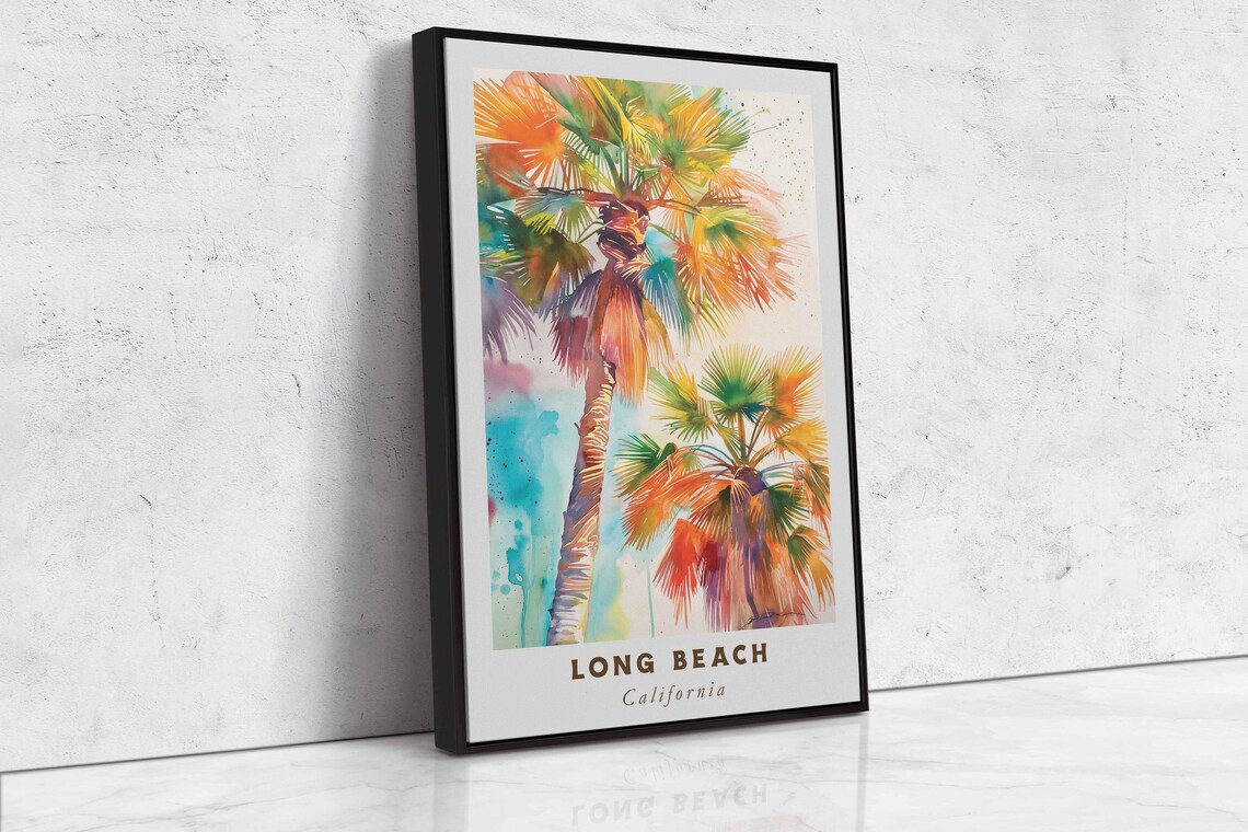 Long Beach California Colorful Watercolor Palm Trees Art Travel Poster - Image 2
