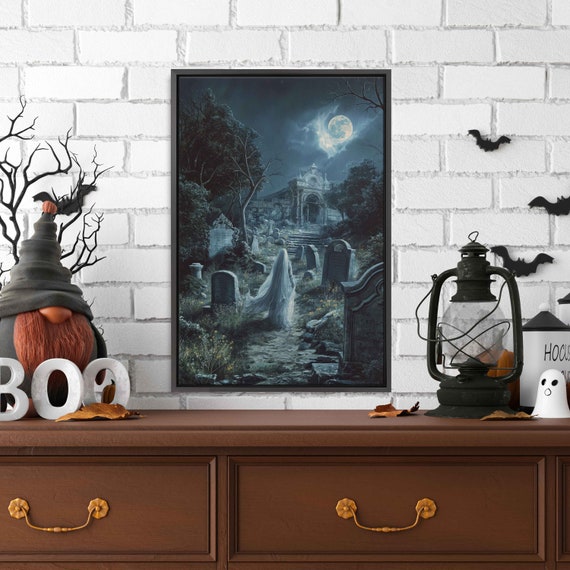 Ghostly Bride Walking Through Overgrown Cemetary Wall Art Print Cracked Tombstones Eerie Sky Spectral Being Ready To Hang