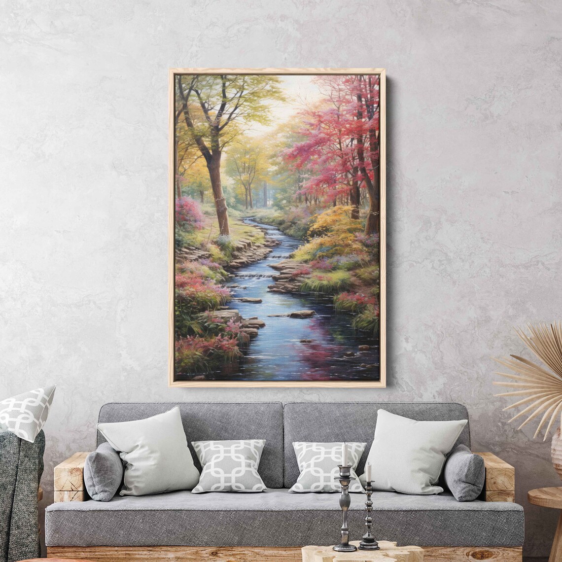 Dense Forest Painting Wall Art Print Wooded Flowing Stream Towering Trees Ready To Hang