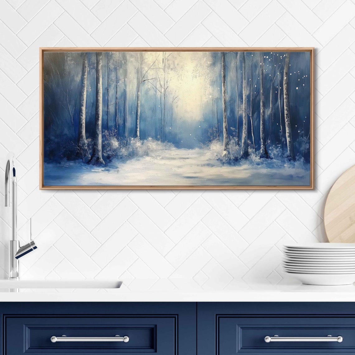 Moonlit Winter Forest Snowy Trees Blue Serenity Scenic Art Poster