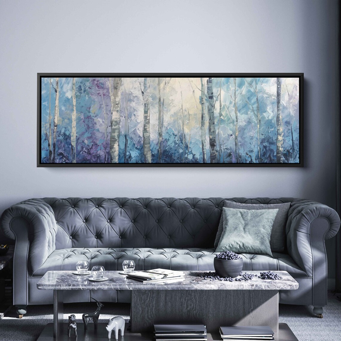 Birch Trees Lined Up Panoramic Acrylic Wall Art Print Impressionist Art Tiny Branches Gift For Naturalist Ready To Hang