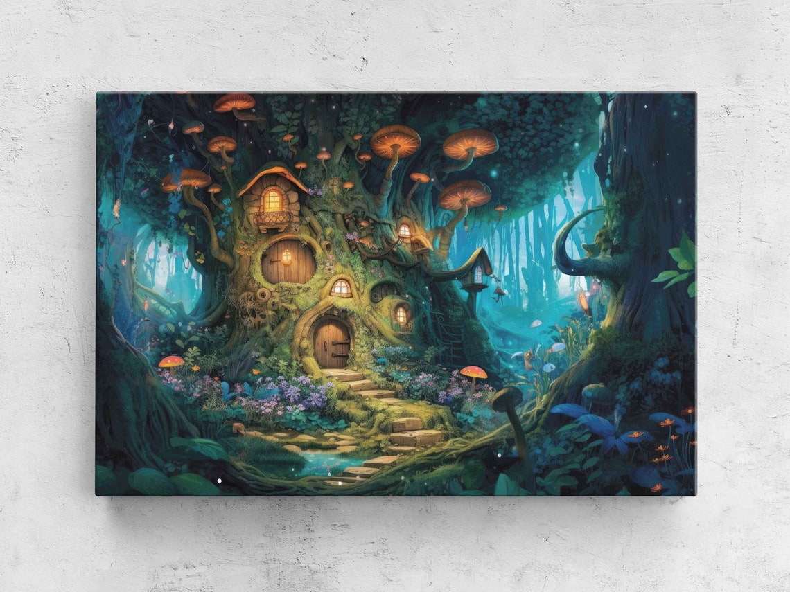Enchanted Mushroom Treehouse Magical Glowing Forest Fantasy Art Poster