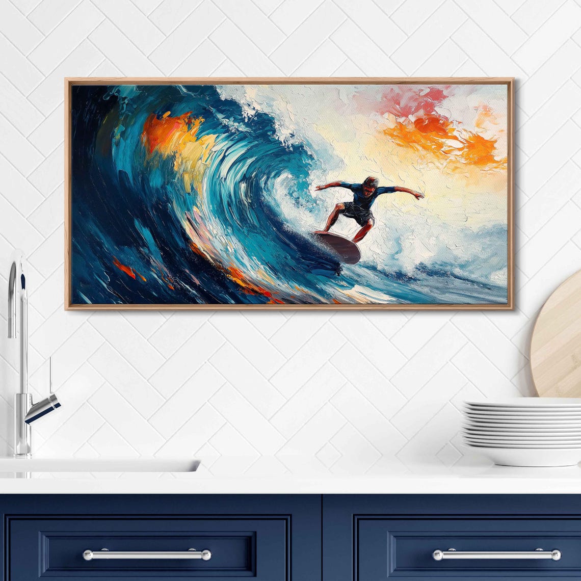 Surfer Catching Wave At Sunset Wall Art Print Gift For Surfer Blue Water Vibrant Colors Ready To Hang - Image 3