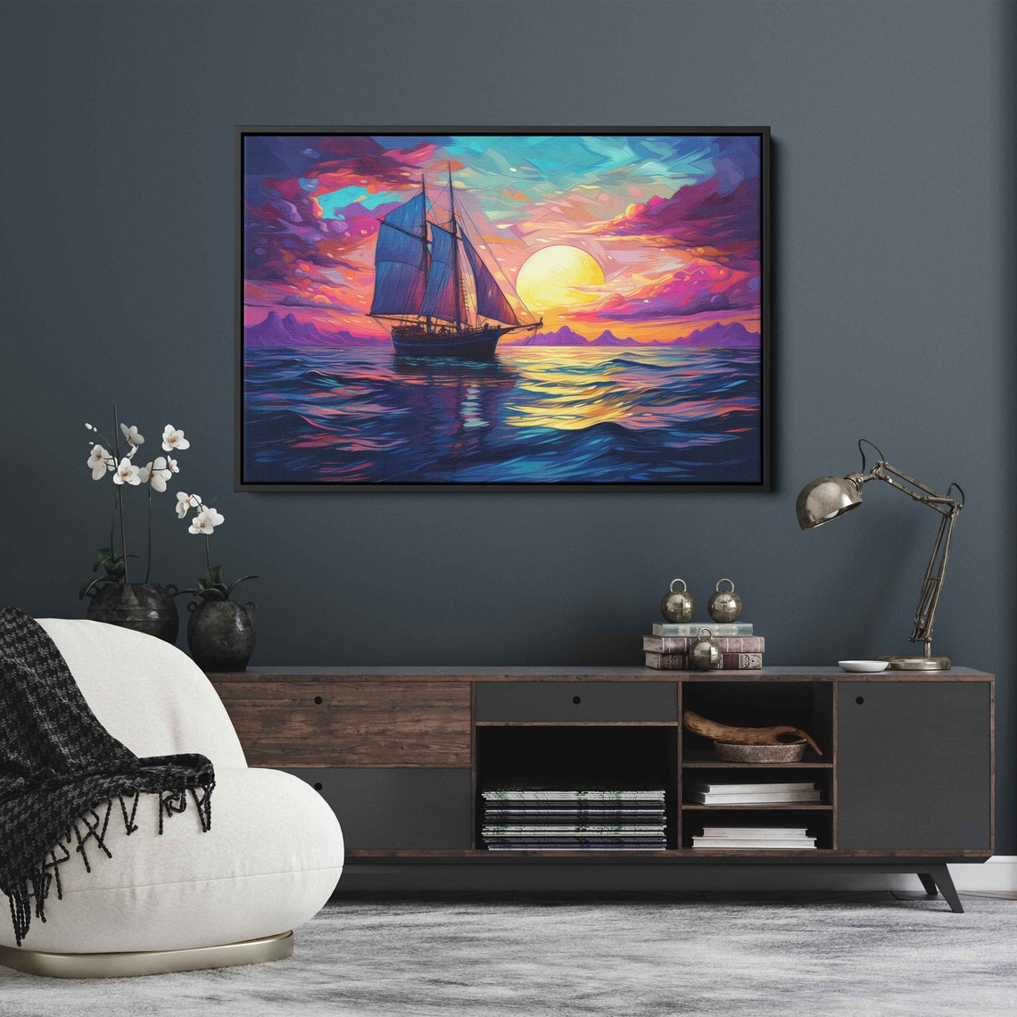 Sailboat At Sunset Vibrant Ocean Waves Colorful Sky Sailing Ship Print - Image 3