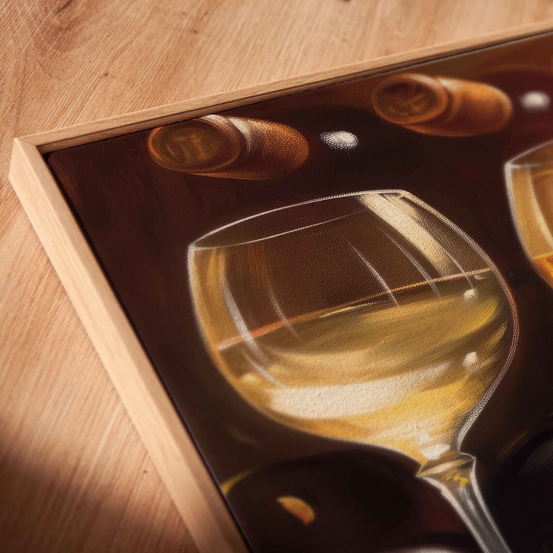 Wine Glasses Row Bottles Behind Warm Tones Panoramic Painting Wall Poster - Image 2