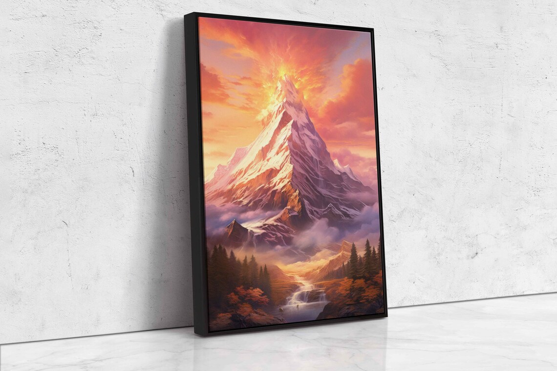 Pink Sunrise Mountain Wall Art Print Snowy Mountain Peak Cloudy Skies Forest Waterfall Ready To Hang - Image 4