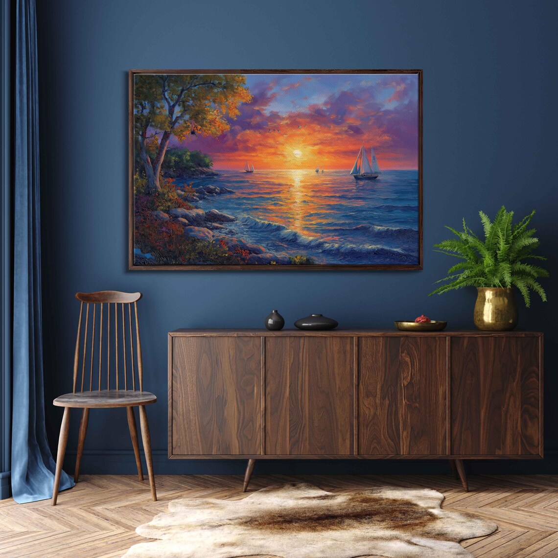 Sailboat Sunset Purple Orange Sky Ocean Waves Rocky Shore Painting Travel Poster - Image 3