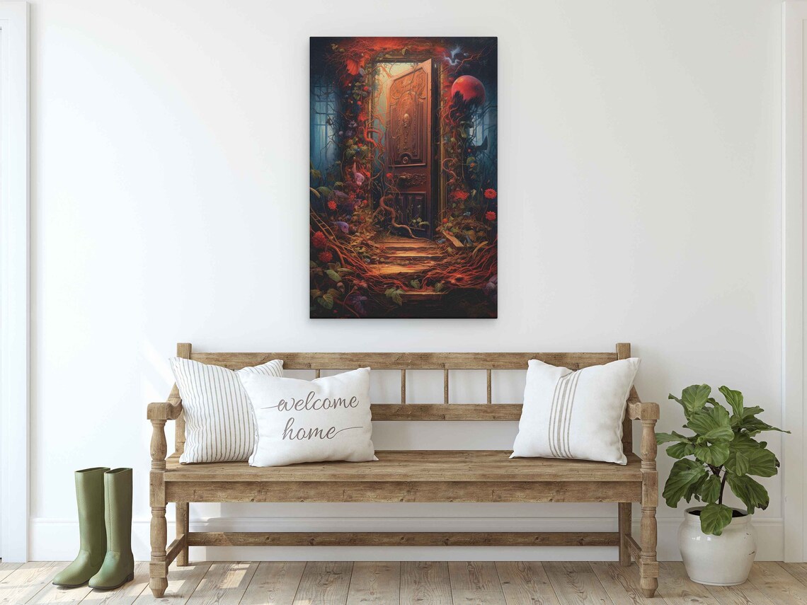 Glowing Carved Door Red Vines Blooms Magical Fantasy Art Print - Image 2