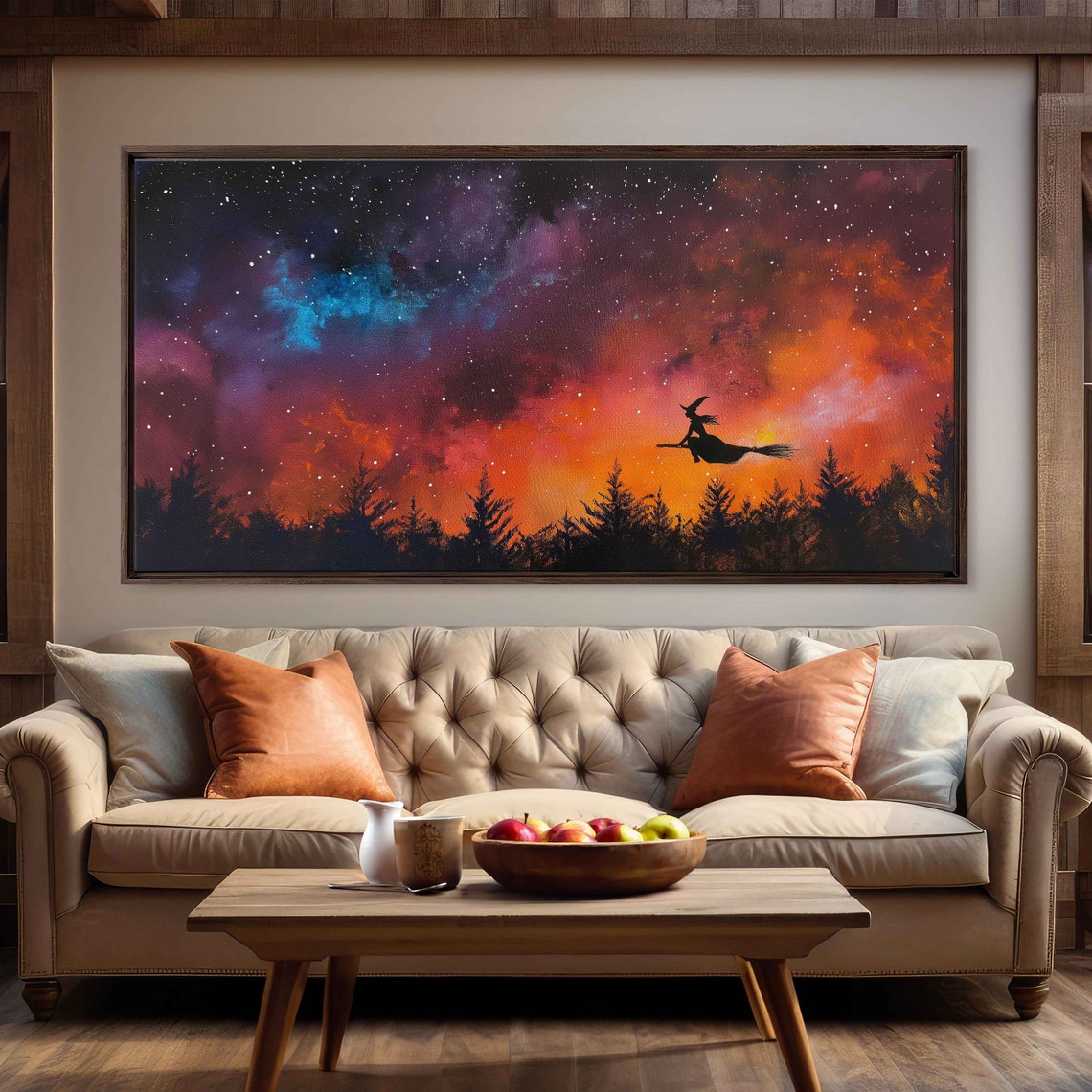Witch Riding Broomstick Over Forest Colorful Starry Night Sky Print - Image 3