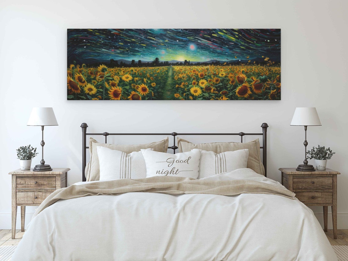Sunflower Field Under Colorful Starry Night Sky Panoramic Art Print - Image 3