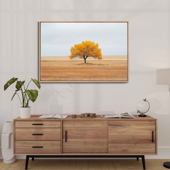 Lone Golden Tree In The Middle Of Field With Cloudy Sky Wall Art Print Nature Photo Ready To Hang